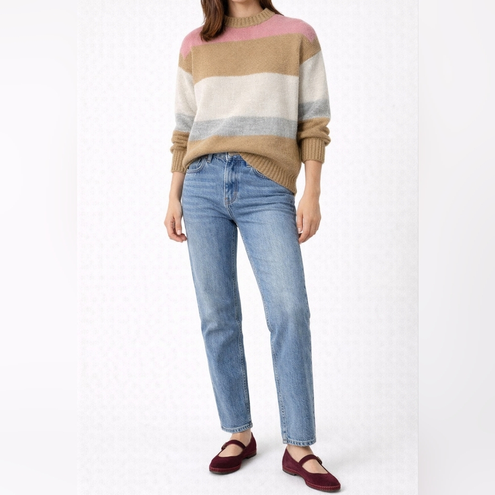 TOPSHOP Colorblock Knit Sweater | US 12 | Camel Ivory Pink Gray | Cozy Preppy